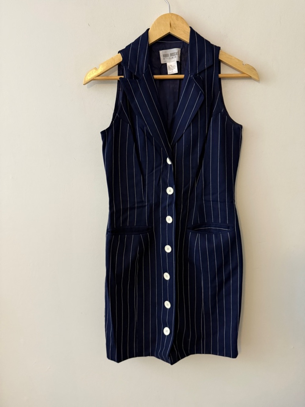 Hugo Buscati Navy Pinstripe Sleeveless Vest Button Dress